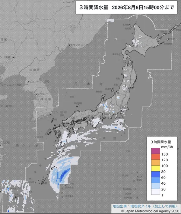 2026年8月6日12〜15時の日本周辺の3時間解析降水量