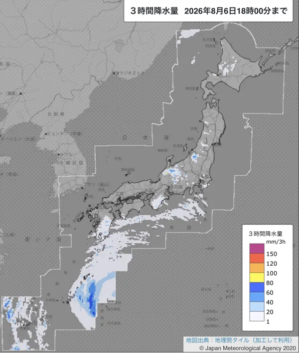 2026年8月6日15〜18時の日本周辺の3時間解析降水量