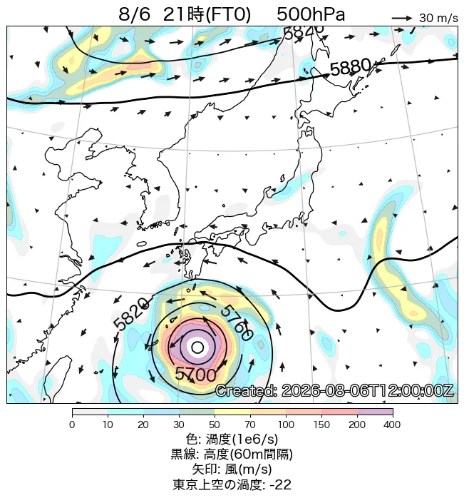 2026年8月6日の日本周辺の500hPa天気図（21時）