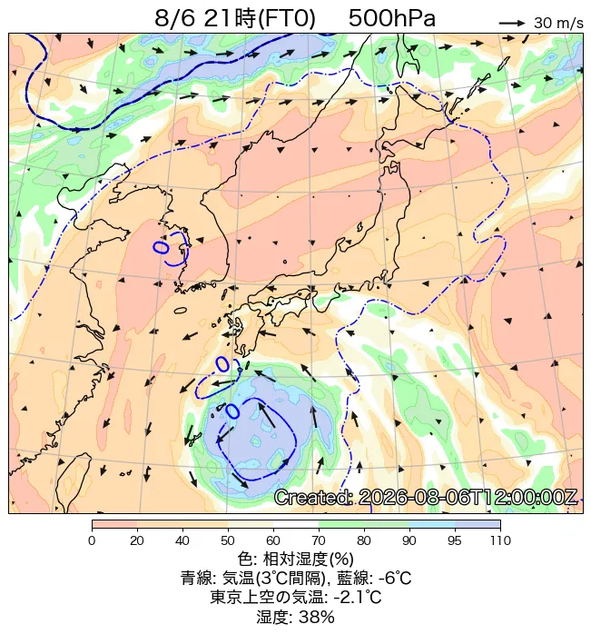 2026年8月6日の日本周辺の500hPa天気図（21時）