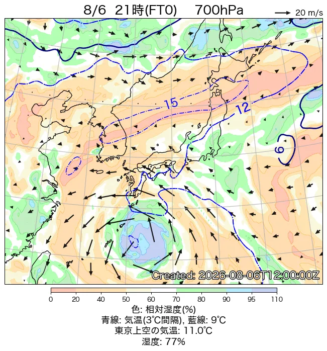 2026年8月6日の日本周辺の700hPa天気図（21時）