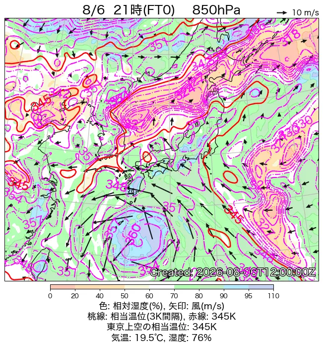 2026年8月6日の日本周辺の850hPa天気図（21時）
