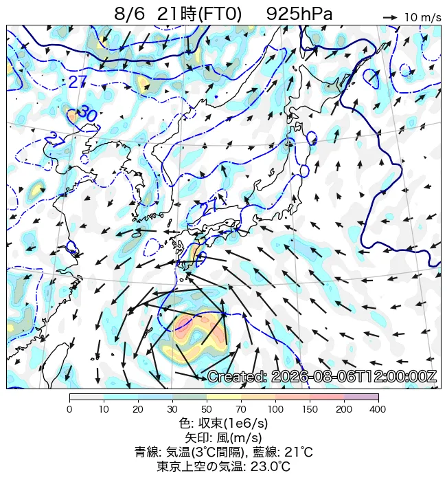 2026年8月6日の日本周辺の925hPa天気図（21時）