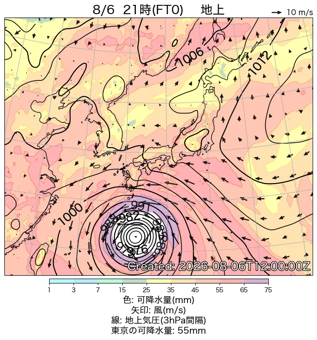 2026年8月6日の日本周辺の地上天気図（21時）