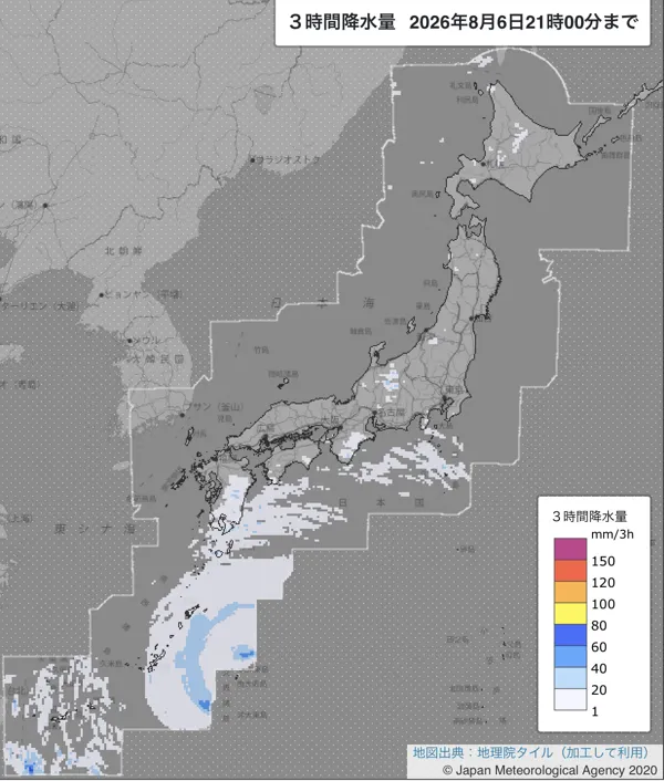 2026年8月6日18〜21時の日本周辺の3時間解析降水量