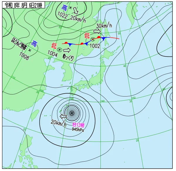 2026年8月6日21時の速報天気図