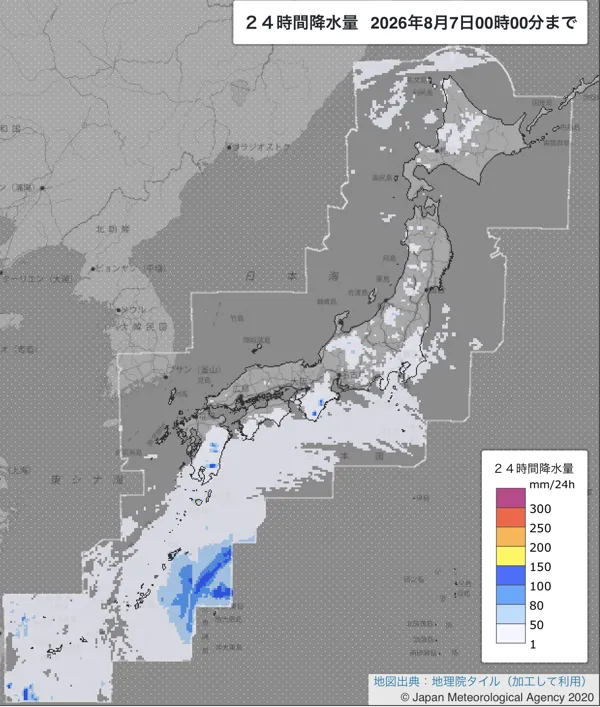 2026年8月6日の日本周辺の日解析雨量の図