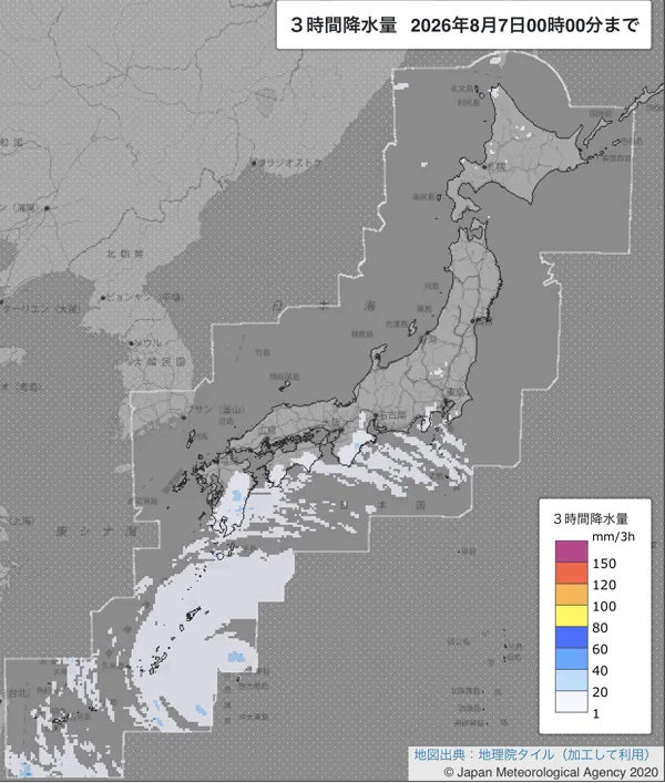 2026年8月6日21〜24時の日本周辺の3時間解析降水量