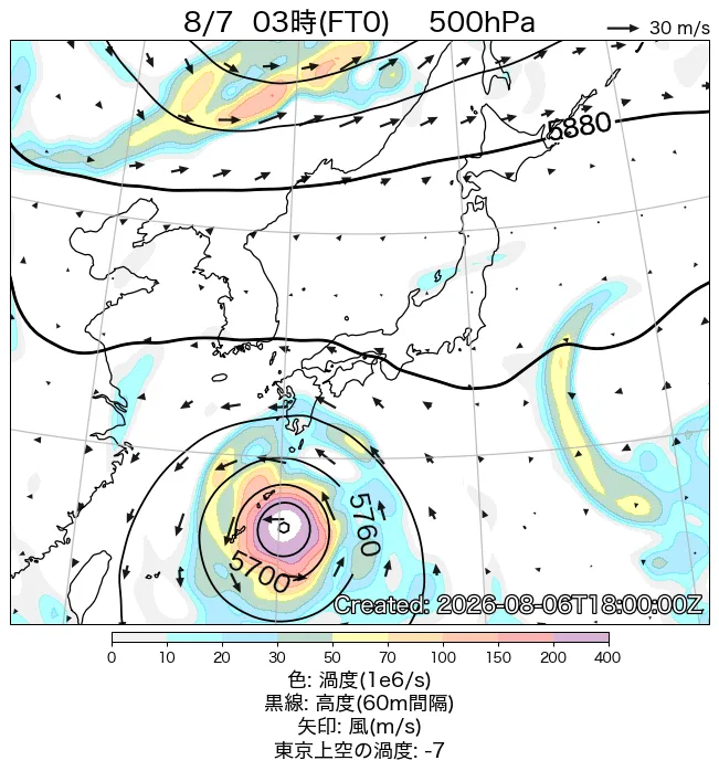 2026年8月7日の日本周辺の500hPa天気図（3時）
