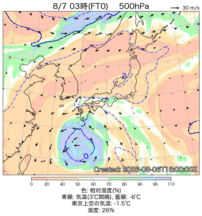 2026年8月7日の日本周辺の500hPa天気図（3時）