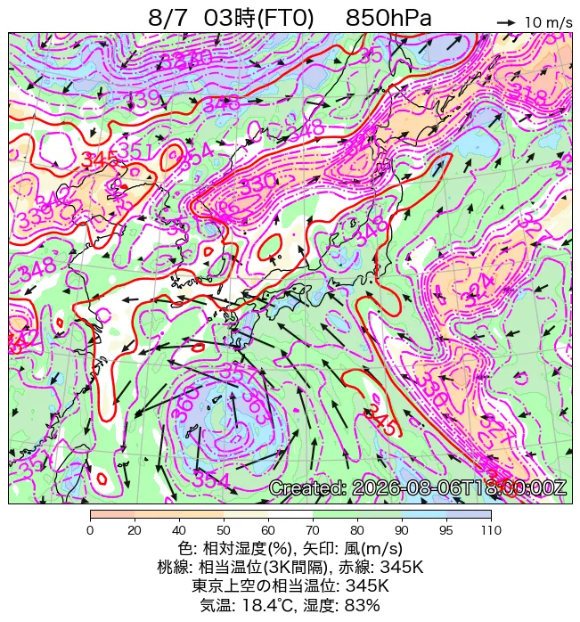 2026年8月7日の日本周辺の850hPa天気図（3時）