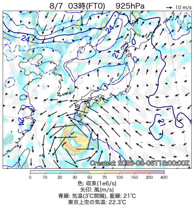 2026年8月7日の日本周辺の925hPa天気図（3時）