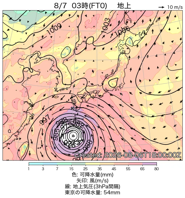 2026年8月7日の日本周辺の地上天気図（3時）
