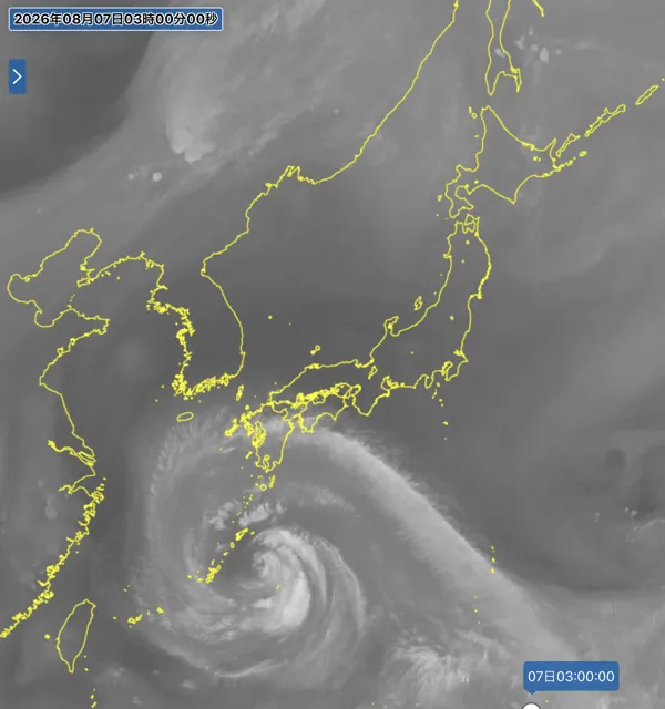 2026年8月7日3時の日本周辺の衛星水蒸気画像