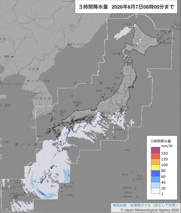 2026年8月7日3〜6時の日本周辺の3時間解析降水量