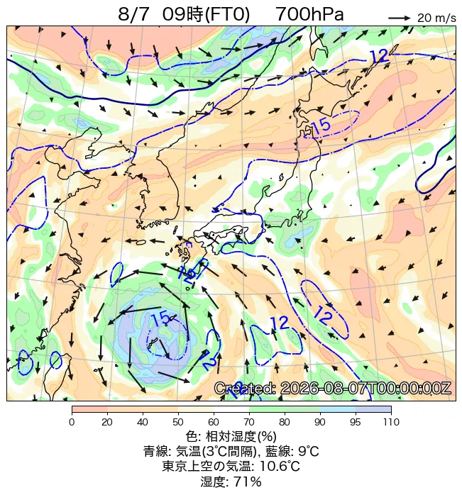 2026年8月7日の日本周辺の700hPa天気図（9時）