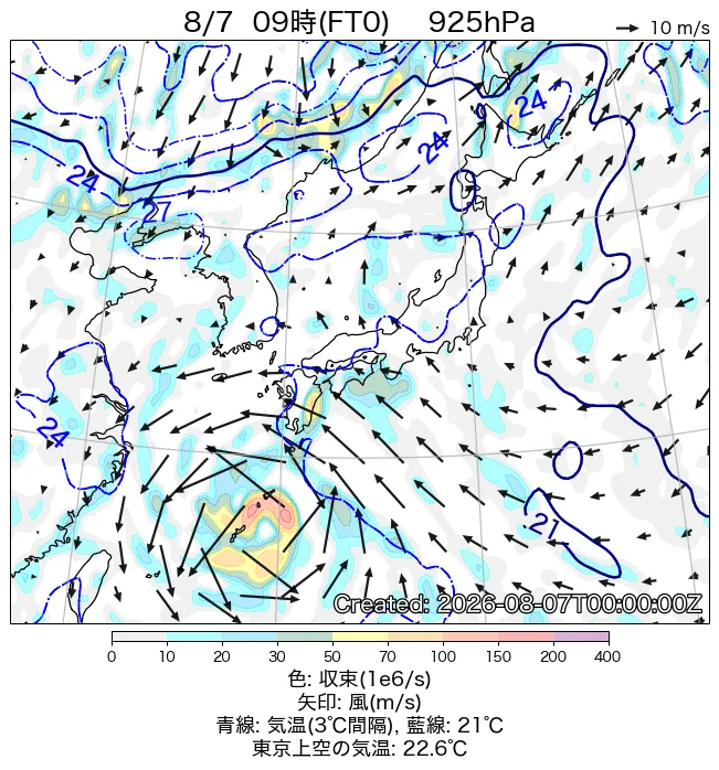 2026年8月7日の日本周辺の925hPa天気図（9時）