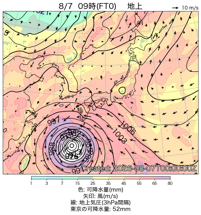 2026年8月7日の日本周辺の地上天気図（9時）