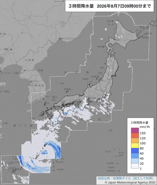 2026年8月7日6〜9時の日本周辺の3時間解析降水量