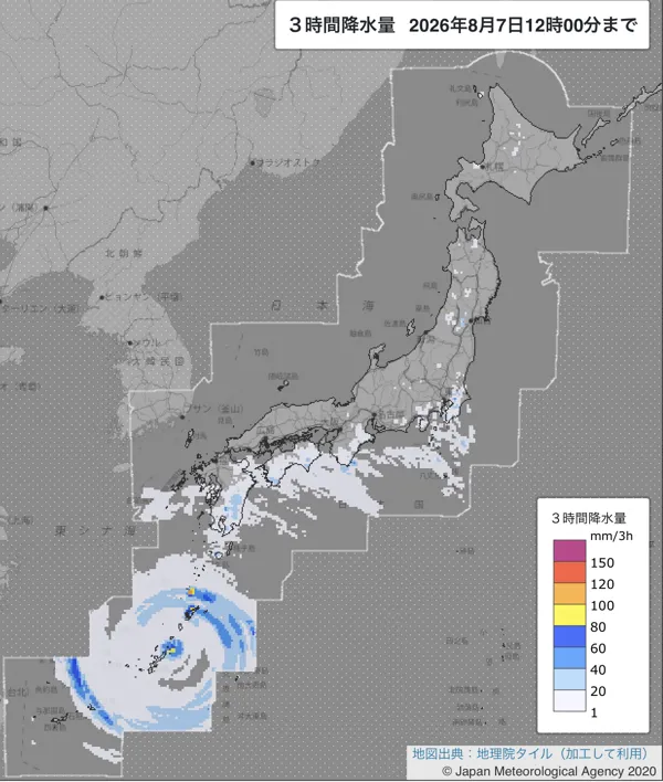 2026年8月7日9〜12時の日本周辺の3時間解析降水量