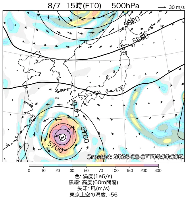 2026年8月7日の日本周辺の500hPa天気図（15時）