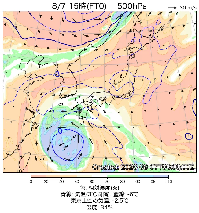 2026年8月7日の日本周辺の500hPa天気図（15時）