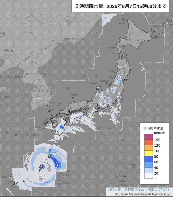 2026年8月7日12〜15時の日本周辺の3時間解析降水量