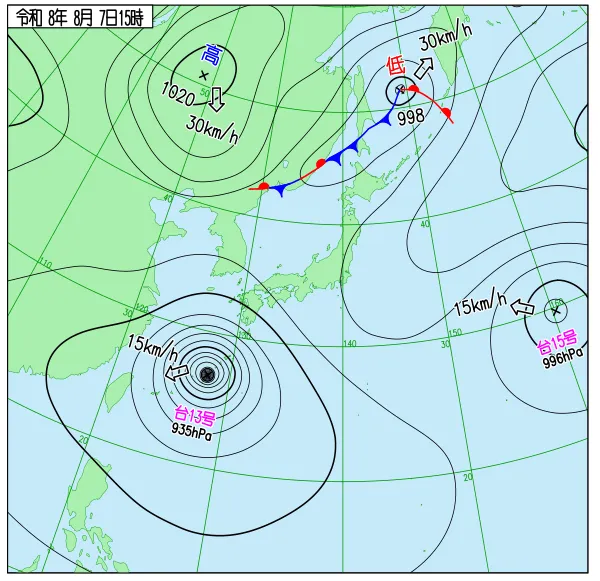 2026年8月7日15時の速報天気図