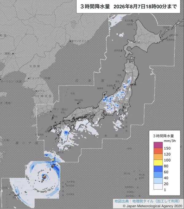 2026年8月7日15〜18時の日本周辺の3時間解析降水量
