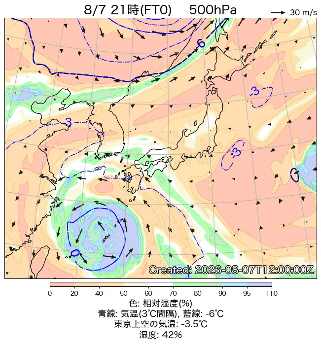 2026年8月7日の日本周辺の500hPa天気図（21時）