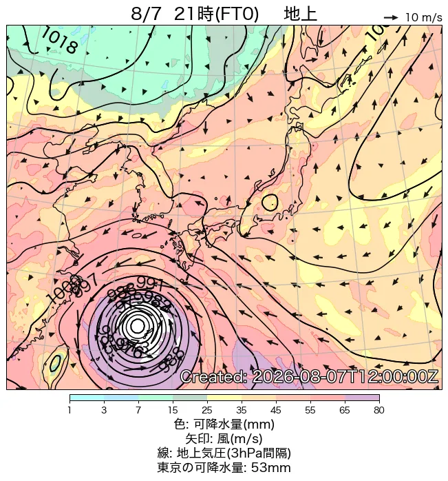 2026年8月7日の日本周辺の地上天気図（21時）