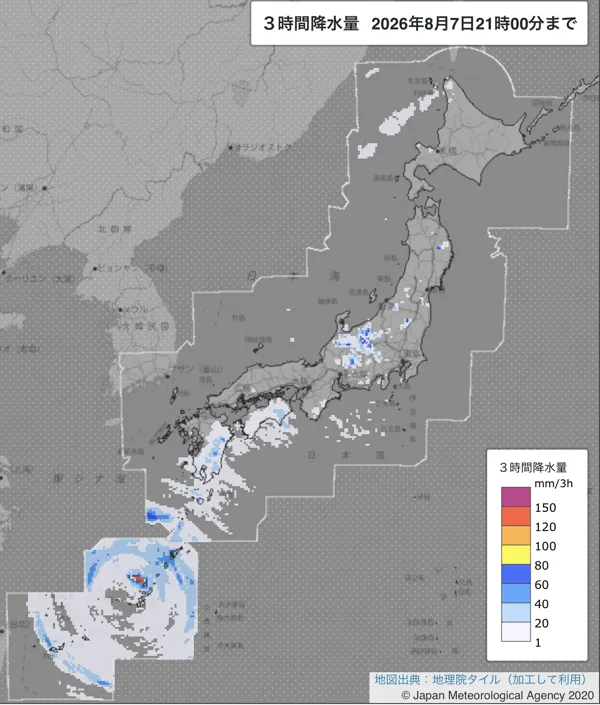 2026年8月7日18〜21時の日本周辺の3時間解析降水量