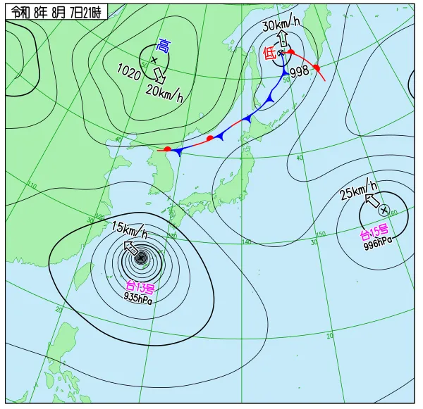 2026年8月7日21時の速報天気図