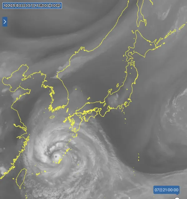 2026年8月7日21時の日本周辺の衛星水蒸気画像