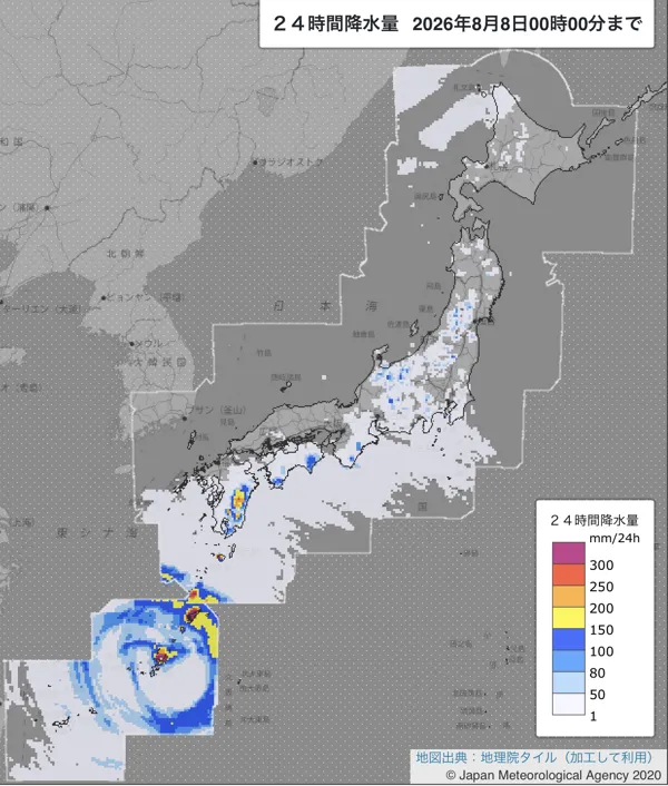 2026年8月7日の日本周辺の日解析雨量の図