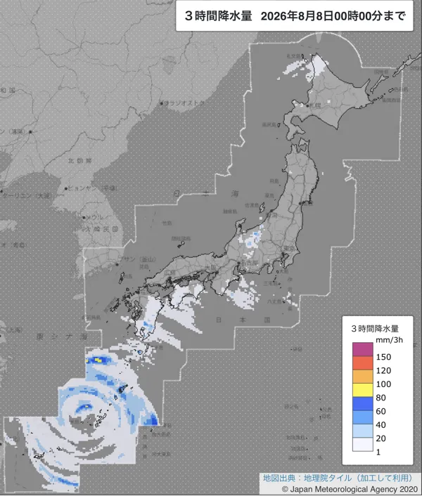 2026年8月7日21〜24時の日本周辺の3時間解析降水量