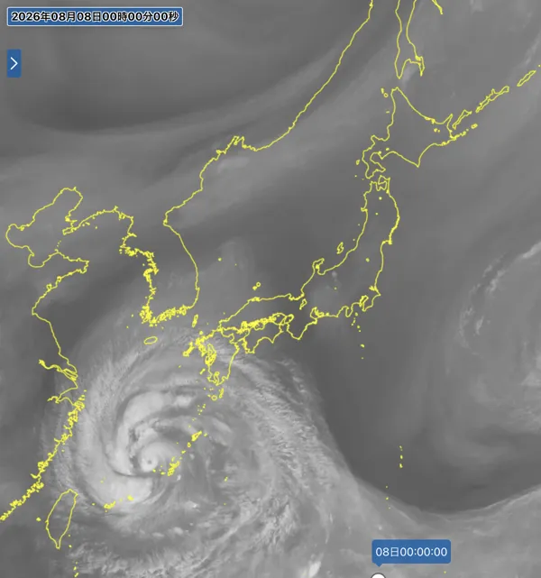 2026年8月7日24時の日本周辺の衛星水蒸気画像
