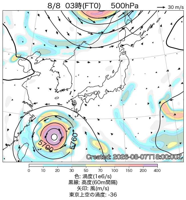 2026年8月8日の日本周辺の500hPa天気図（3時）