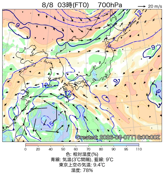 2026年8月8日の日本周辺の700hPa天気図（3時）