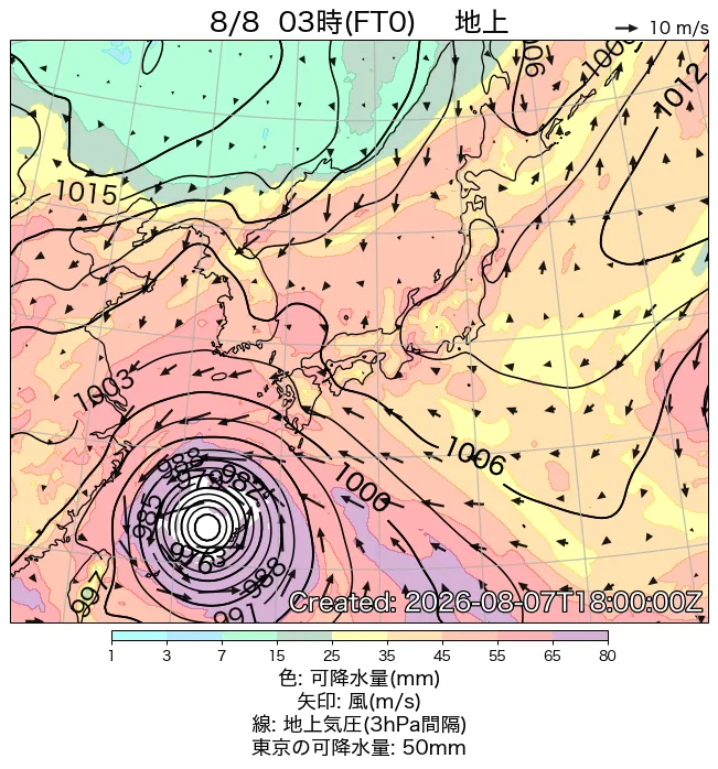 2026年8月8日の日本周辺の地上天気図（3時）
