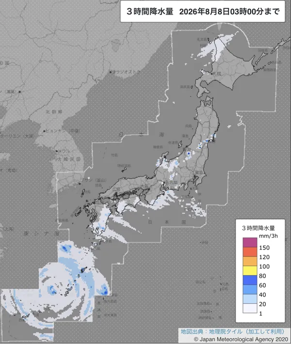 2026年8月8日0〜3時の日本周辺の3時間解析降水量