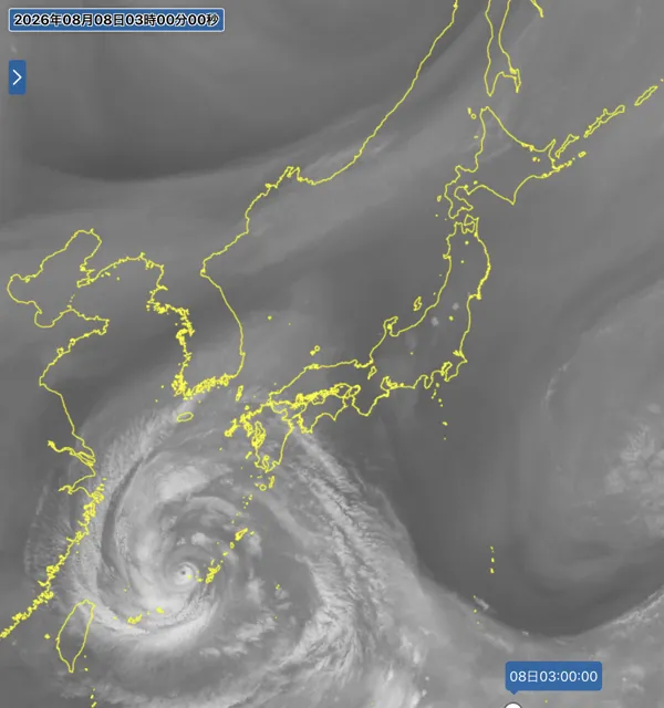 2026年8月8日3時の日本周辺の衛星水蒸気画像