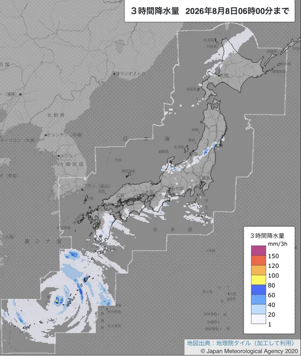 2026年8月8日3〜6時の日本周辺の3時間解析降水量