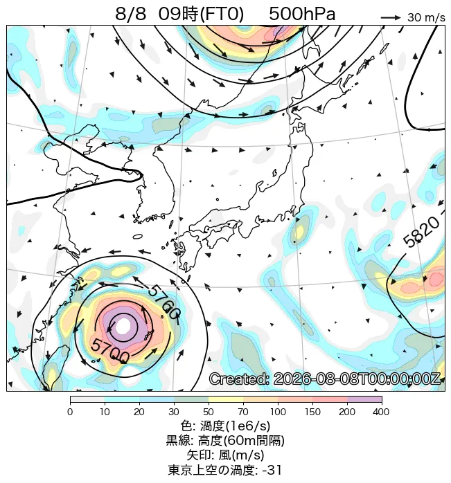 2026年8月8日の日本周辺の500hPa天気図（9時）