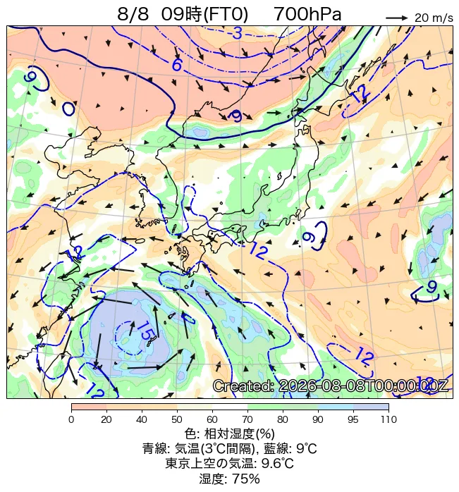 2026年8月8日の日本周辺の700hPa天気図（9時）