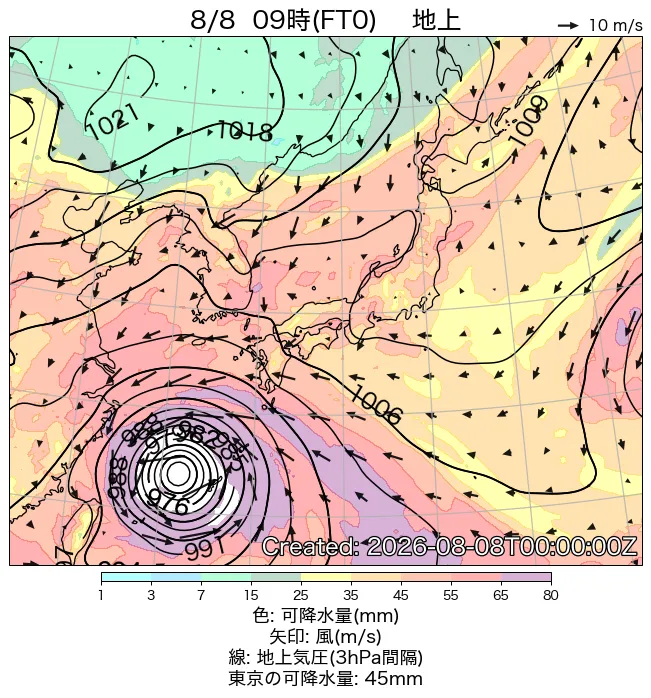 2026年8月8日の日本周辺の地上天気図（9時）