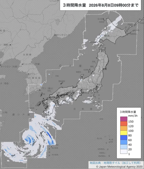 2026年8月8日6〜9時の日本周辺の3時間解析降水量