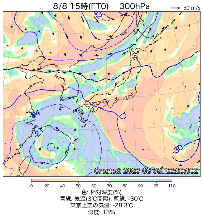 2026年8月8日の日本周辺の300hPa天気図（15時）