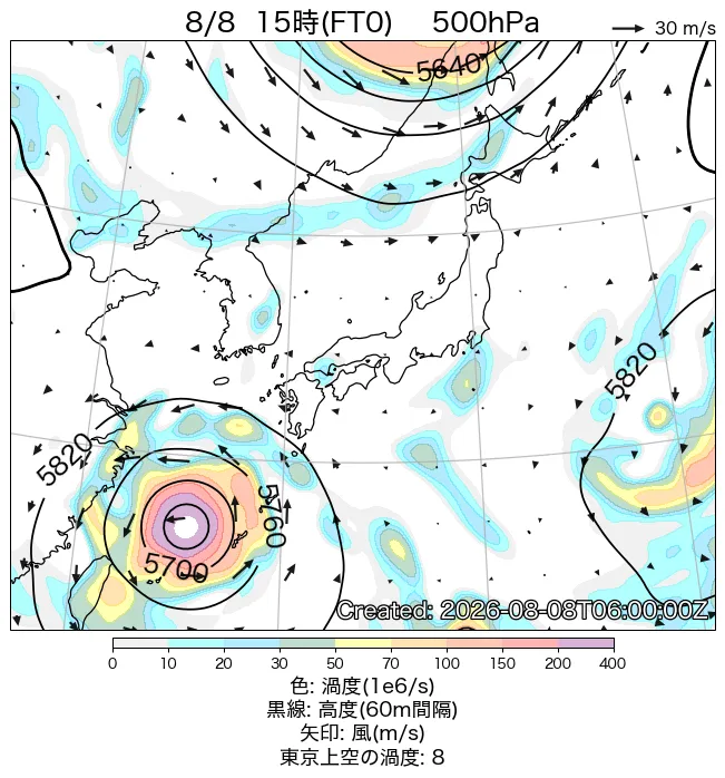 2026年8月8日の日本周辺の500hPa天気図（15時）