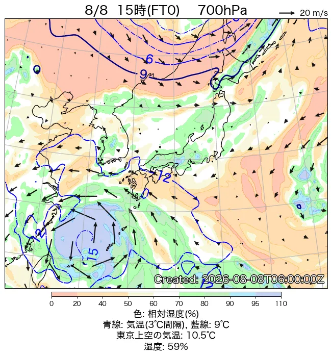 2026年8月8日の日本周辺の700hPa天気図（15時）